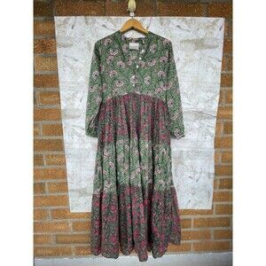 Lido Boho Maxi Dress Green Pink Floral Button Front Tiered Long Sleeve  medium